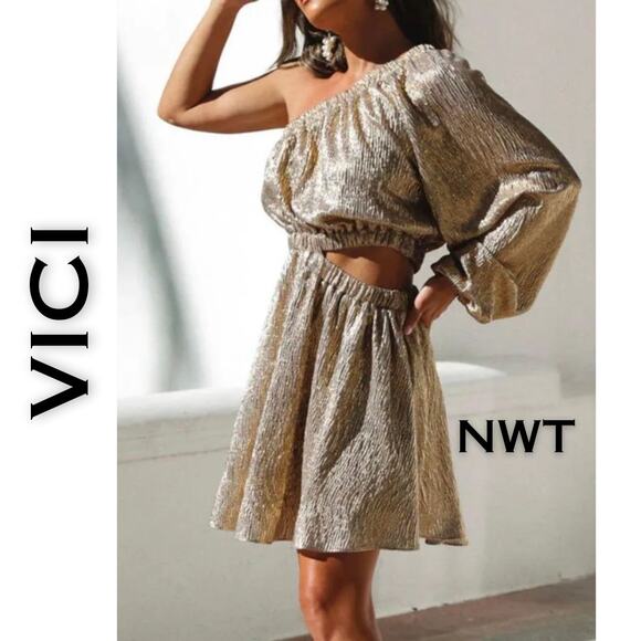 NEW Vici Summer of Diane Gold One Shoulder Waist Cutout Minidress Size Medium - Picture 1 of 11